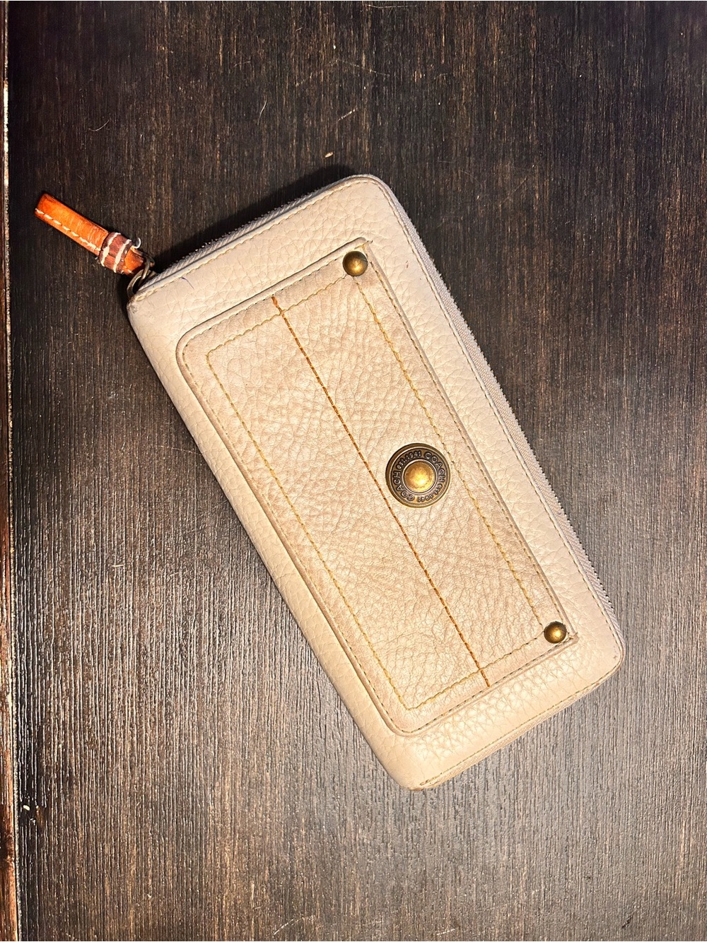 Coach Beige Leather Zip Around Wallet with Brass Hardware